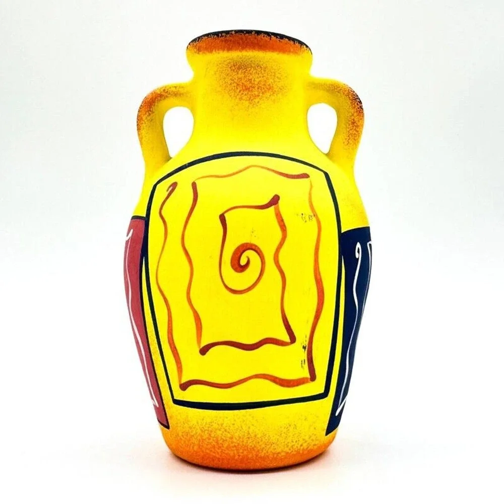 Art. F. Diaz Vase Post Modern 90s Hand Painted Yellow Matte Glaze Signed